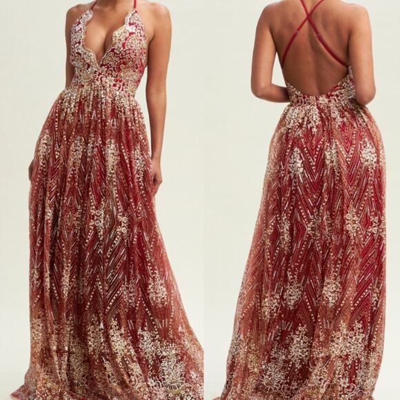 LUXXEL S red gold glitter backless strappy formal party maxi dress gown NWT B162 - Picture 1 of 5